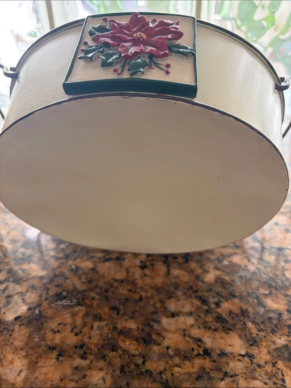 Vintage Cream Poinsettia Decorative Metal Bowl with Handles